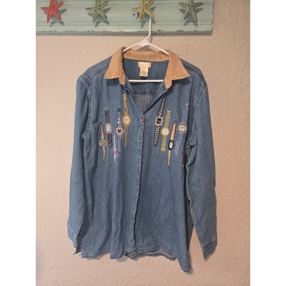Vtg Denim Bobbie Brooks Embroidered Shirt